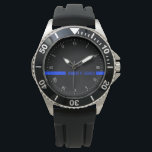 Montre Ligne Bleue Mince Nom personnalisé Bande<br><div class="desc">Vous faites partie de la confrérie et de la confrérie pour servir et protéger. Célébrez cet honneur avec cette montre personnalisable qui met votre nom en bleu le long de la fine ligne bleue continue qui court au centre de la montre. Note : Vous pouvez appuyer sur le bouton personnaliser...</div>