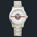 Montre Ligne rouge mince Secourt incendie Customisée Thèm<br><div class="desc">Une élégante montre à rayures blanches et rouges avec une tache pour le vôtre ou le nom de votre destinataire. En dessous se trouve un symbole classique de la Croix Maltaise secourue au feu qui repose à l'intérieur du centre de la montre. Un grand cadeau pour toute personne qui fait...</div>