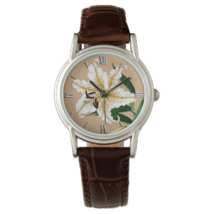 Montre Liliy japonaise vintage. Blanc, vert et beige