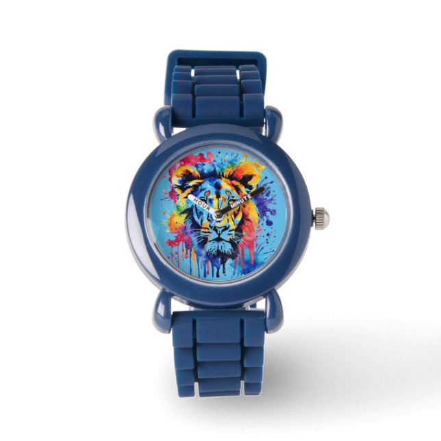 Montre Lion coloré drôle d'aquarelle (Recto)