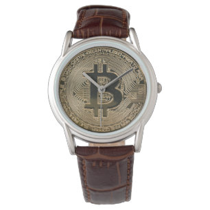 Montre Logo Digital Gold Bitcoin en cuir Brown classique