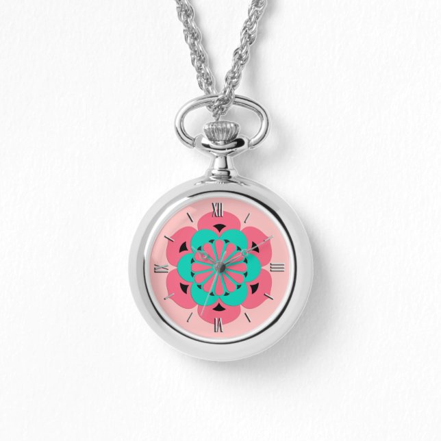 Montre Lotus Flower Mandala, Coral rose et Turquoise (Recto)
