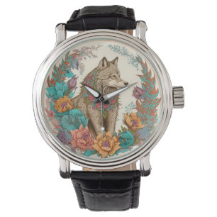 Montre Loup Coloré Avec Fleurs