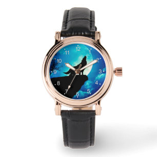 Montre Loup en silhouette hurlant à la pleine lune