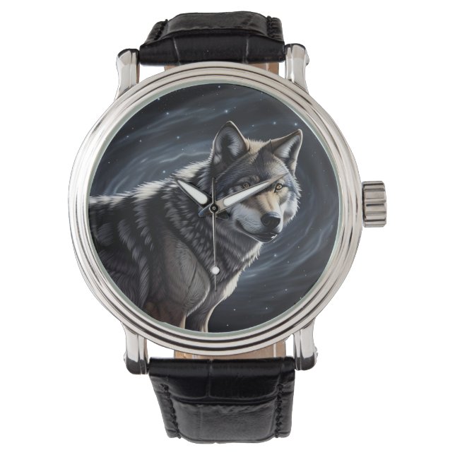 Montre Loup majestueux sous ciel étoilé (devant)