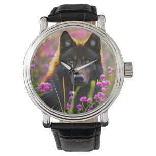 Montre loup noir en fleurs roses