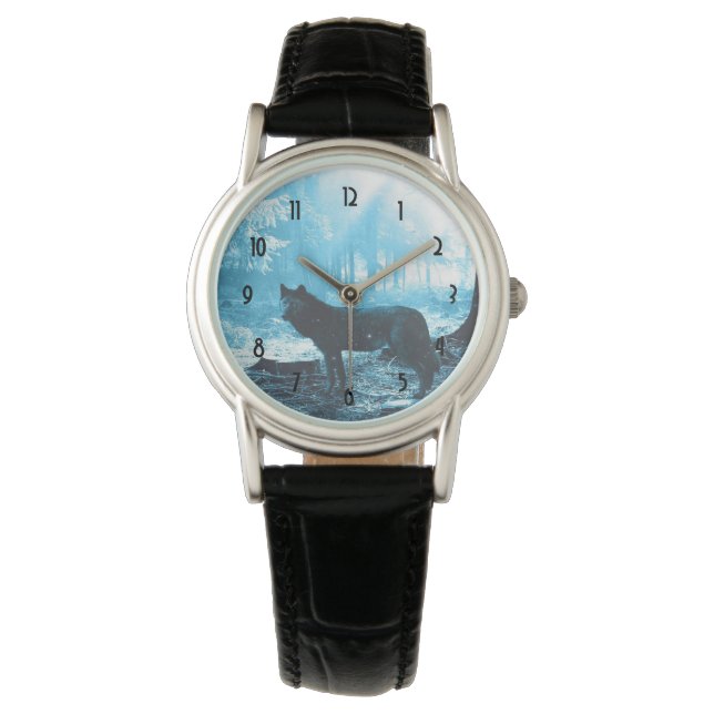 Montre Loup noir seul dans la forêt (devant)