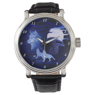Montre Loups et corbeau avec pleine lune