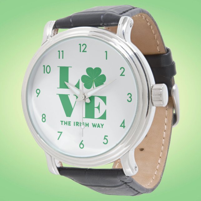 Montre Love Shamrock Clover Irish Custom Text Vert Blanc (Créateur téléchargé)