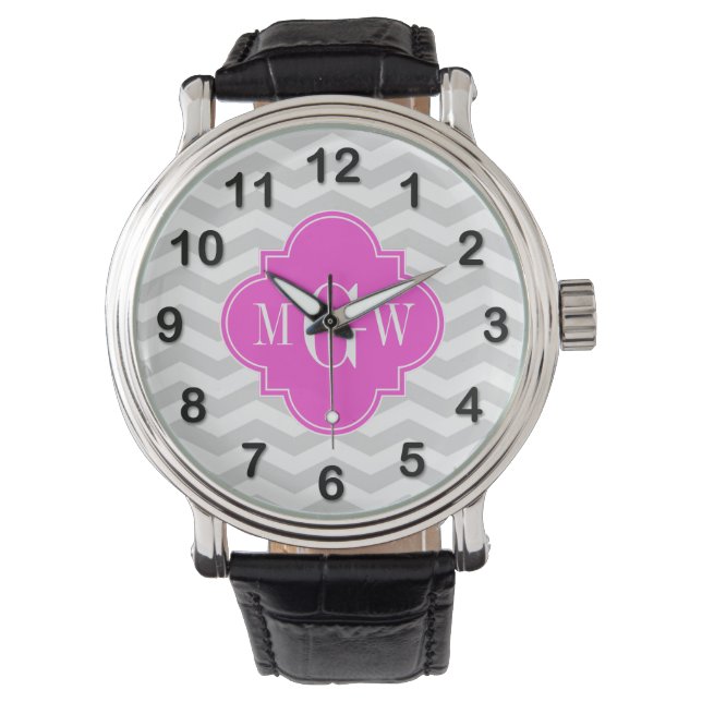 Montre Lt Grey Chevron Hot Pink Quatrefoil 3 Monogramme T (devant)