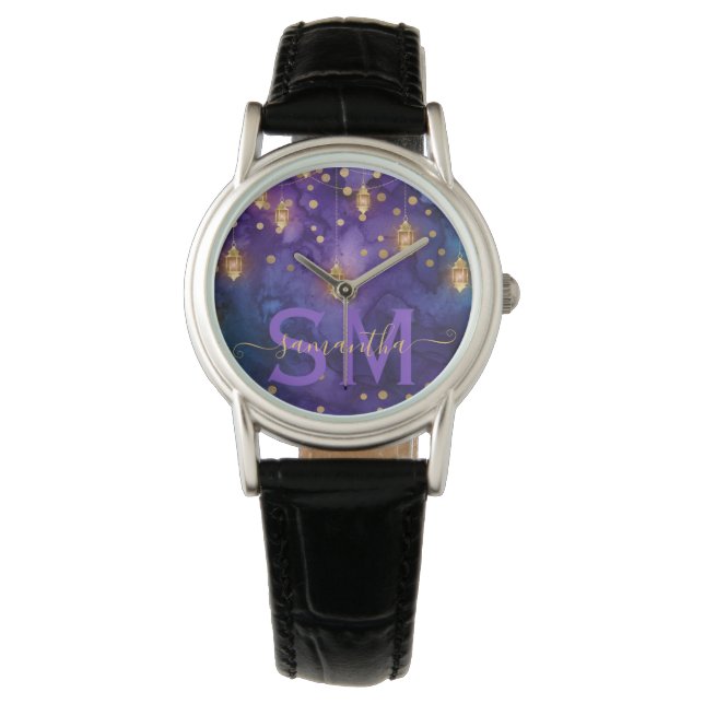 Montre Lueur de lanterne violette et bleue à monogramme (devant)