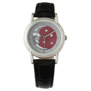 Montre Lune Art déco et étoiles, rouge foncé et argent