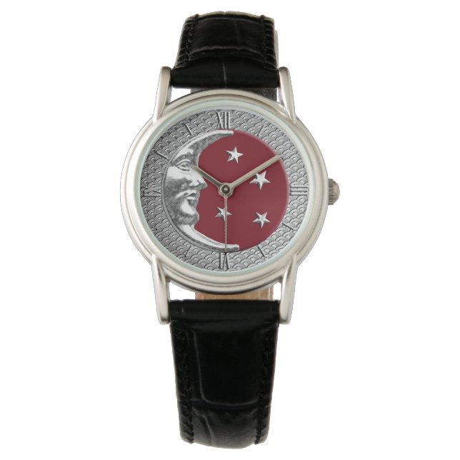 Montre Lune Art déco et étoiles, rouge foncé et argent (devant)