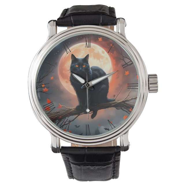 Montre Lune de chat noir d'Halloween effrayant, (devant)