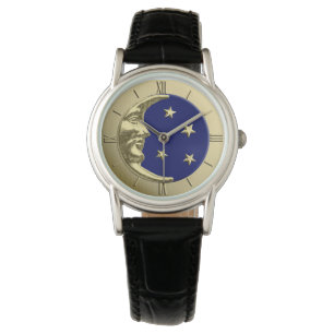 Montre Lune et étoiles d'art déco - bleu marine et or