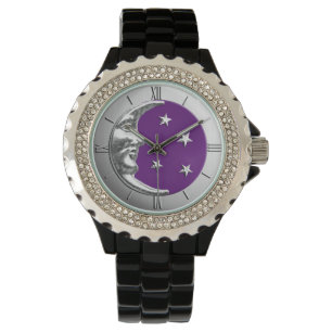 Montre Lune et étoiles d'art déco - pourpre et argent