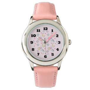 Montre Lune, étoiles et nuages Motif sur Pastel Pink