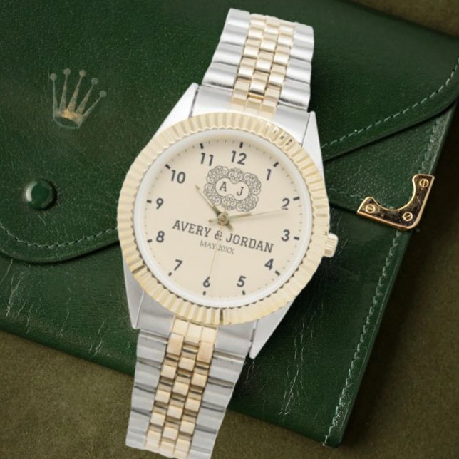 Montre Luxury monogram cream couple names initials (Créateur téléchargé)
