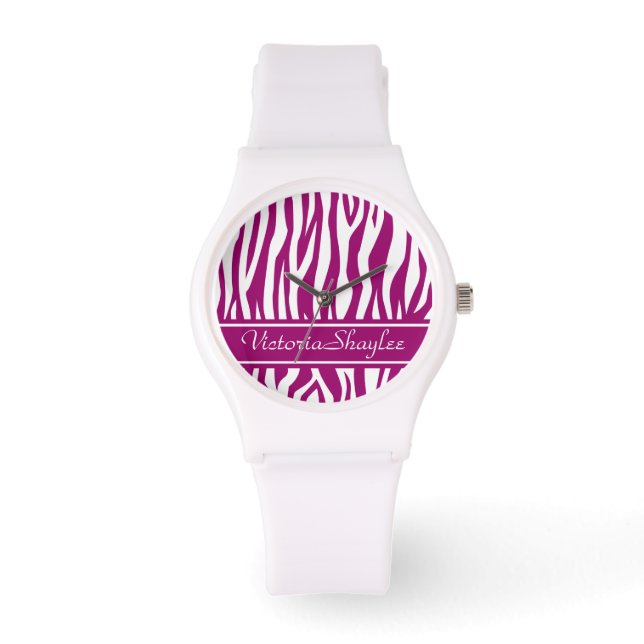Montre Magenta Zebra Impression avec texte personnalisé (Recto)