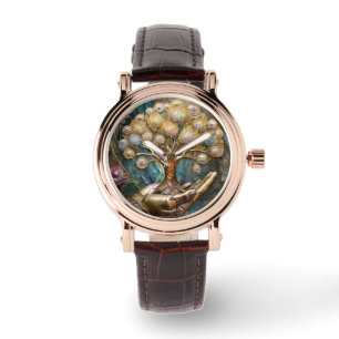 Montre Main Robot D'Or Tenant Arbre De Vie D'Or