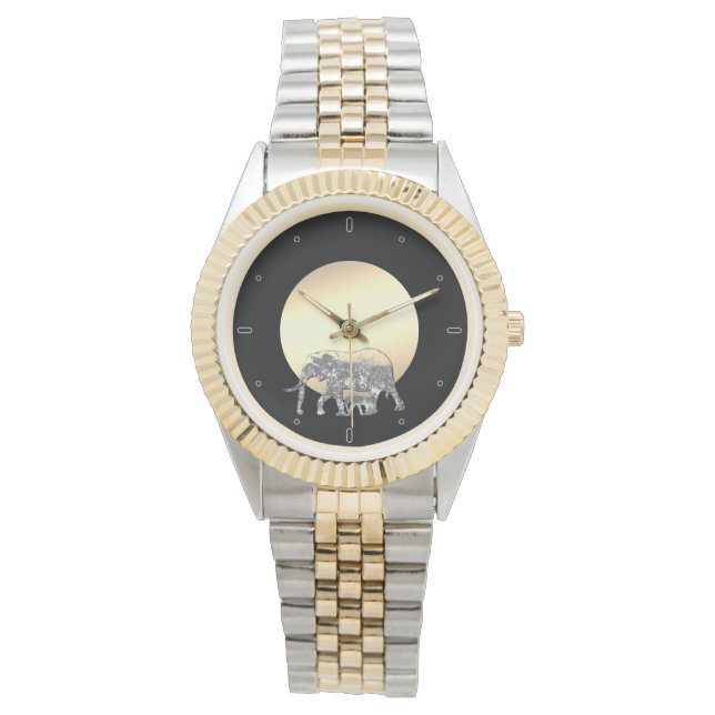 Montre Maman et bébé éléphant au soleil couchant (devant)