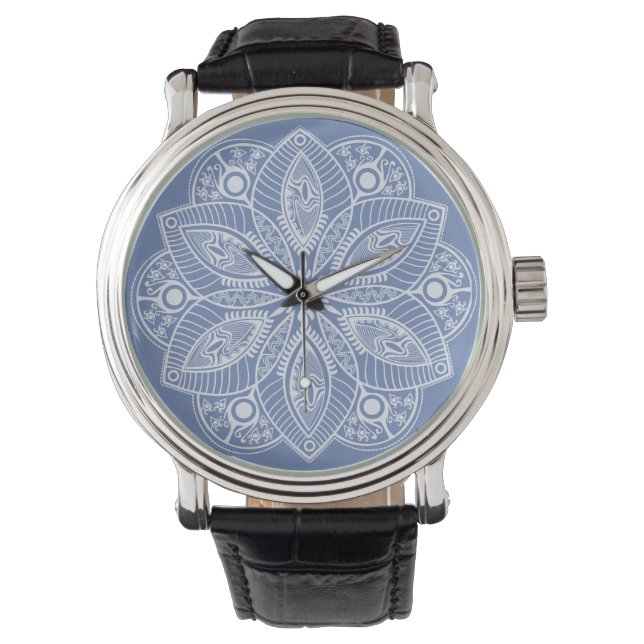 Montre Mandala blanc exotique sur Arrière - plan bleu (devant)