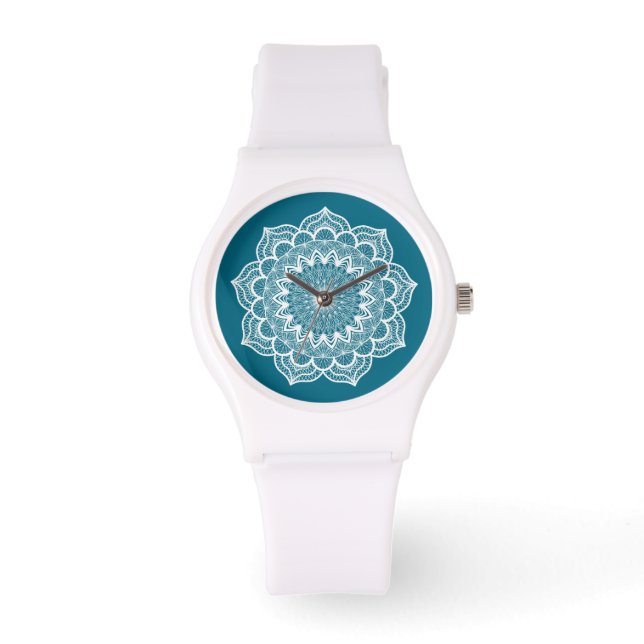Montre Mandala blanc sur fond bleu (Recto)