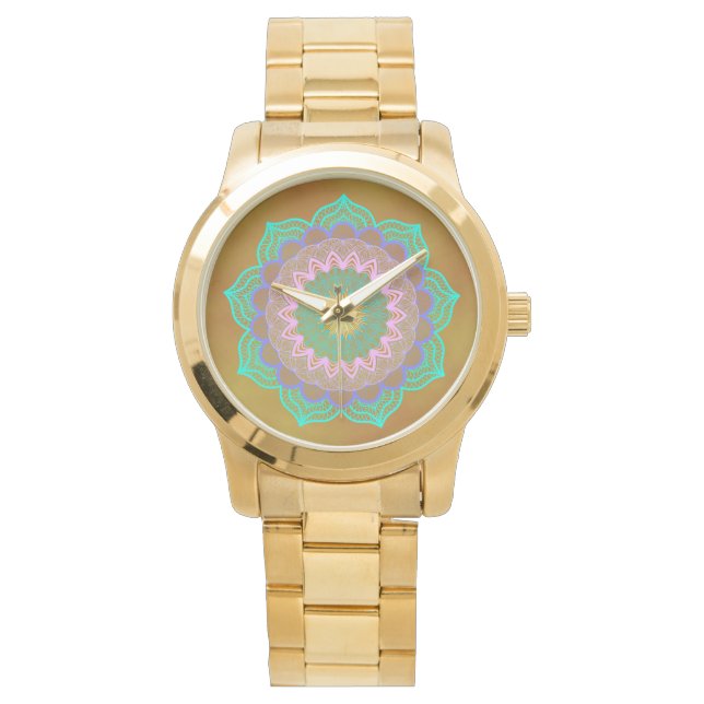 Montre Mandala Coloré sur Fond Doré (devant)