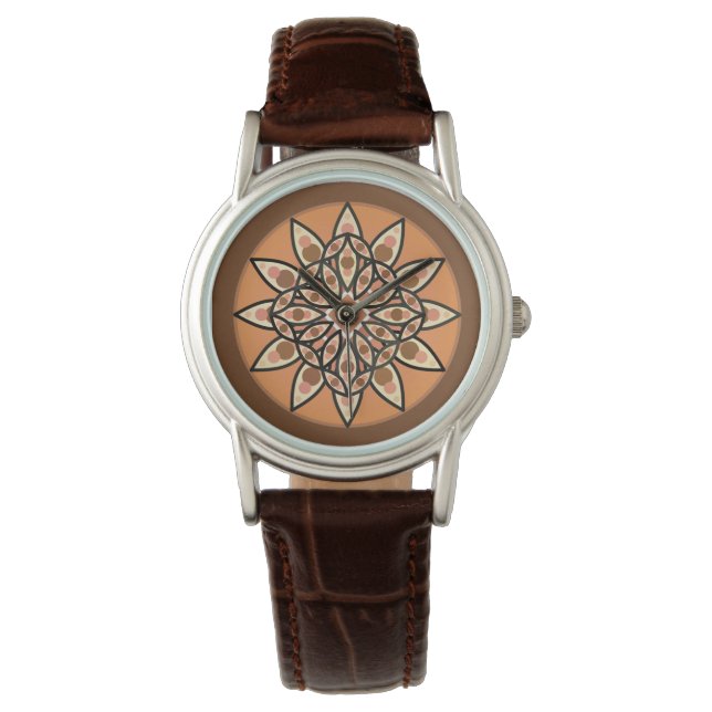 Montre Mandala motif en chocolat, terre cuite et rouille (devant)