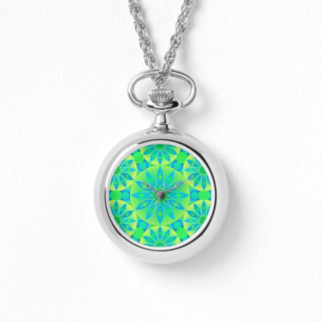 Montre Mandala motif, turquoise, bleu, vert citron (Recto)