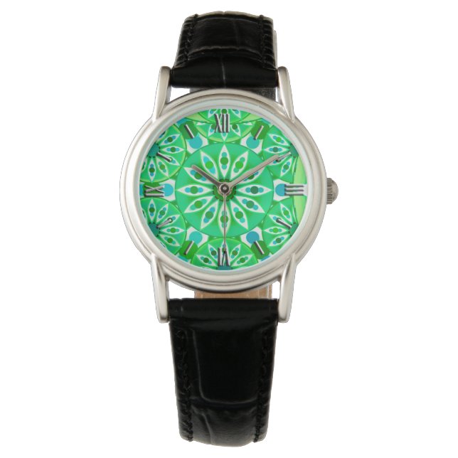 Montre Mandala motif, vert émeraude et paon (devant)