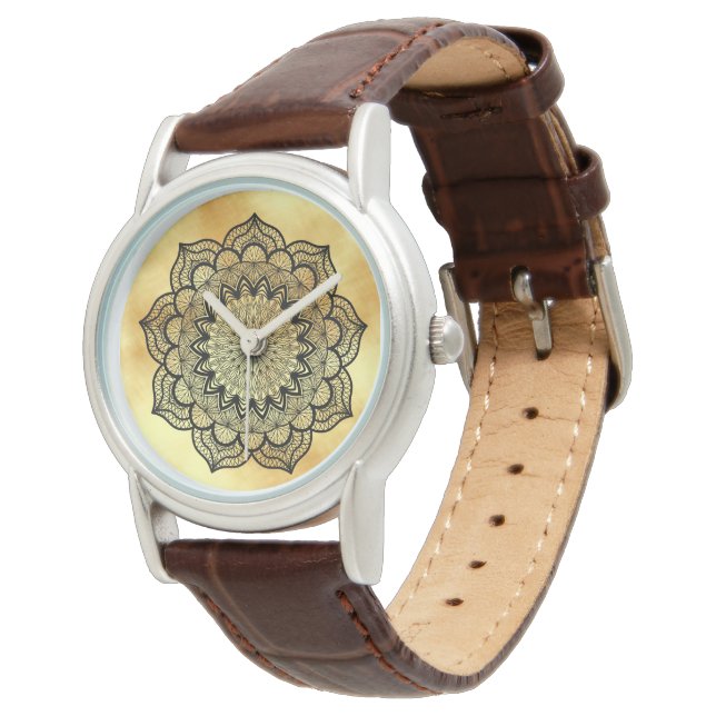 Montre Mandala noir sur fond or doux (Incliné)