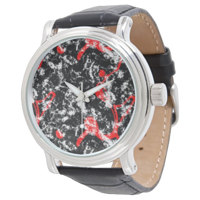 Montre Marbre Abstrait Rouge, Blanc et Noir (Incliné)