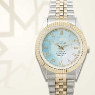Montre Marbre Bleu Personnalisé Homme Or & Argent Bicolor