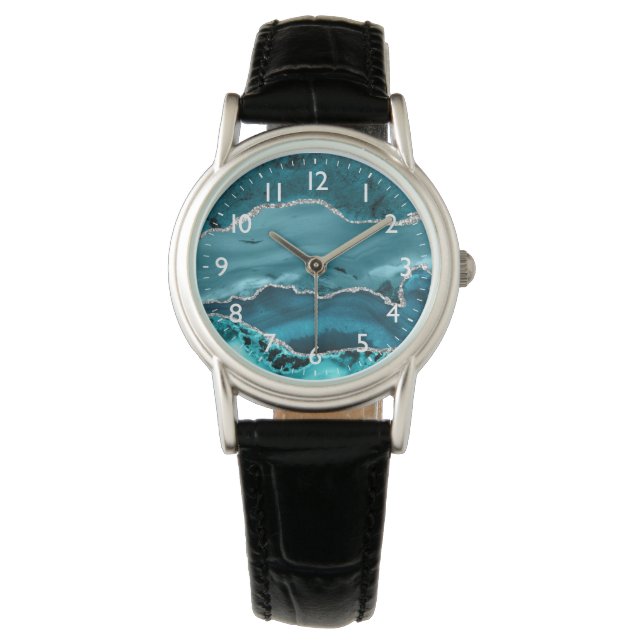 Montre Marbre d'agate de fausse brillance sarcelle et arg (devant)