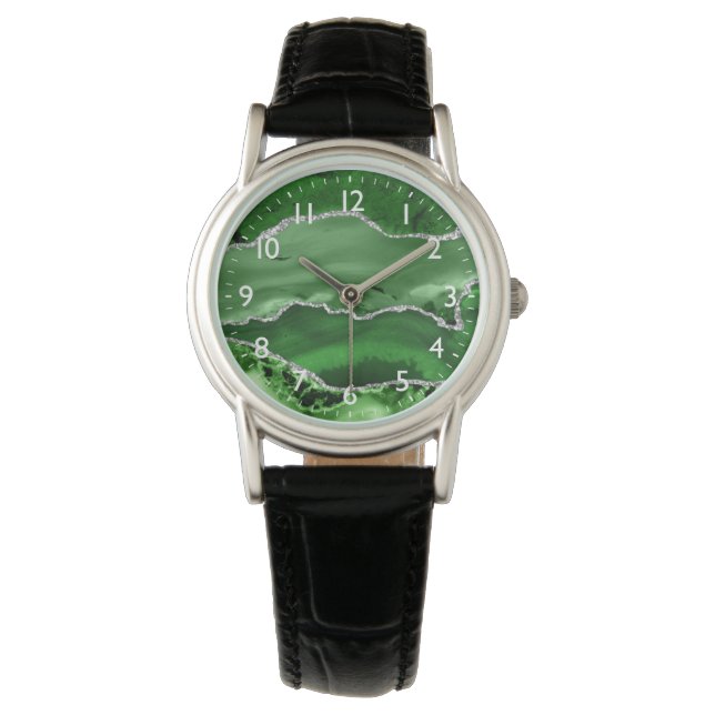 Montre Marbre d'agate de fausse brillance verte et argent (devant)
