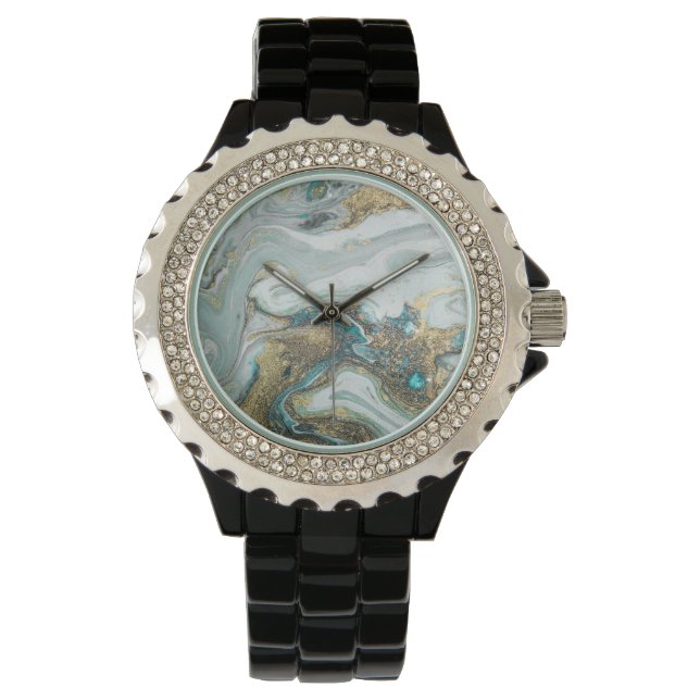 MONTRE MARBRE OPAL BLEU SPARKLE BLACK BAND WATT (devant)