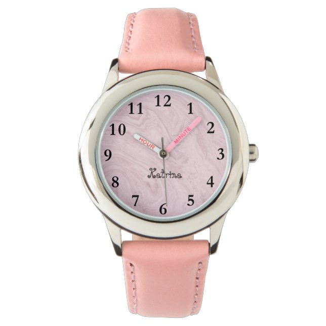 Montre Marbre rose Nom personnalisé Girl Watch (devant)