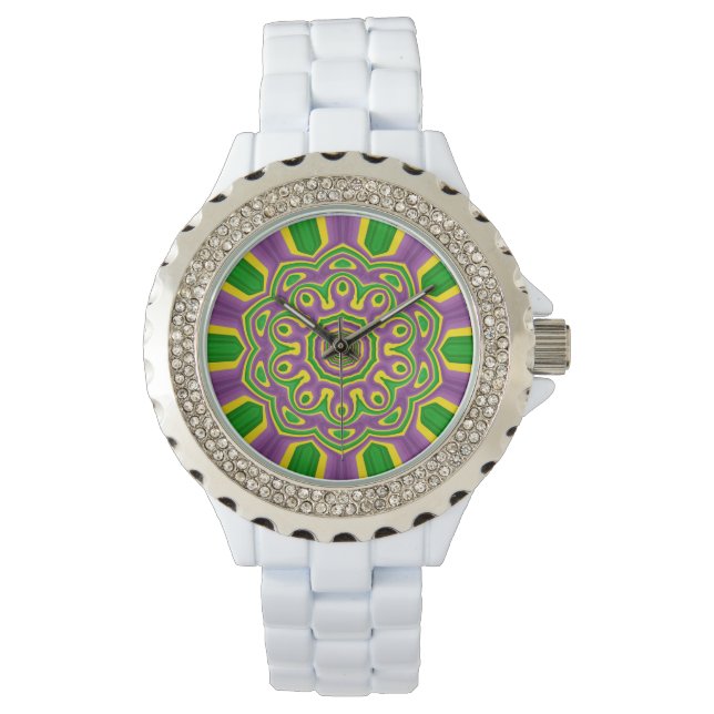 Montre Mardi Gras Vert Jaune violet Motif Mandala (devant)