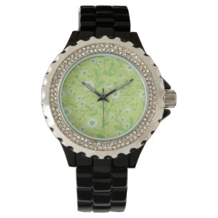 Montre Marguerites en blanc et vert sur fond vert miel