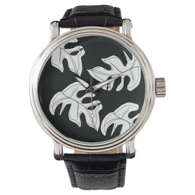 Montre Mariage botanique Monstera noir blanc (devant)