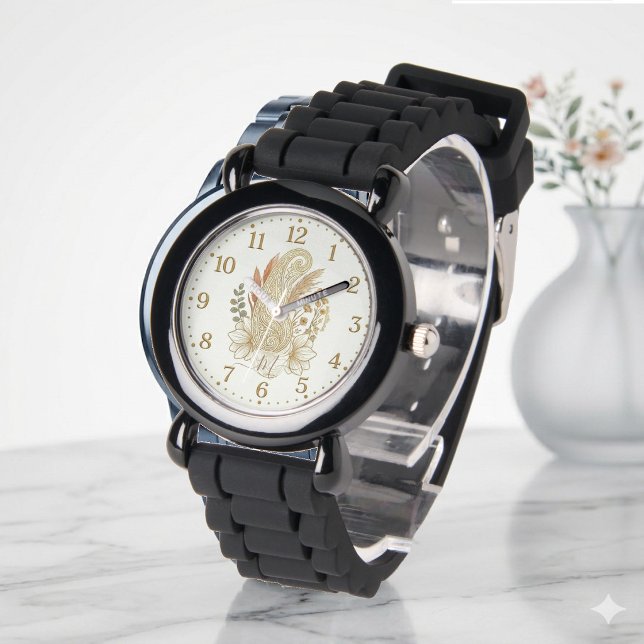 Montre Mariage Élégant Monogramme Boho Art Paisley Doré (Golden Paisley Boho Art Elegant Monogram Wedding Watch)