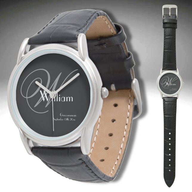Montre Mariage Groomsman Cadeau Moderne Monogramme Cool S (Great Groomsman Gift! Modern Monogram, Name, Date Cool Black Silver Leather Customized Sports Watch.)