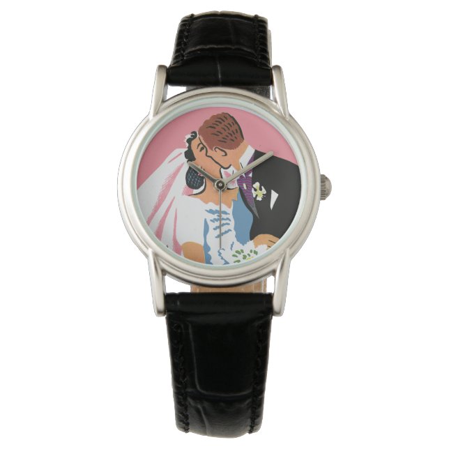 Montre Mariage Vintage, Mariés Rétro s'Embrassant (devant)
