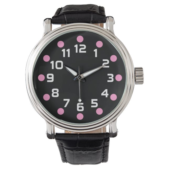 Montre Marqueurs de points - rose et blanc sur noir (devant)
