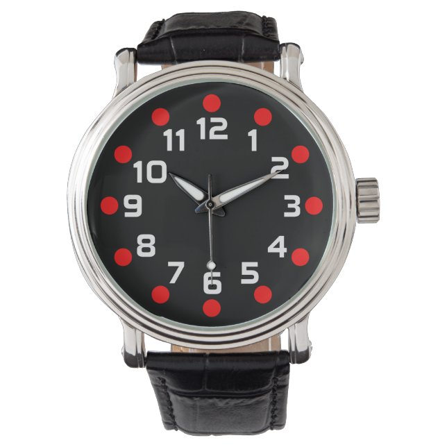 Montre Marqueurs de points - rouge et blanc sur noir (devant)