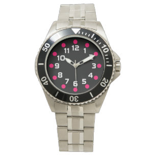 Montre Marqueurs de points - Rouge néon et blanc sur noir