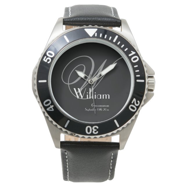 Montre Masculin Noir Visage Gris Blanc Monogramme Garçon  (devant)