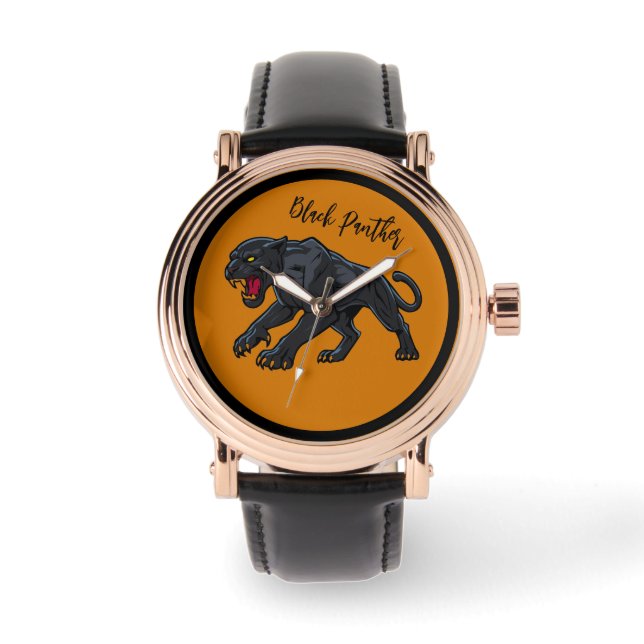 Montre Masculin, Panthère noire , Fond orange  (Recto)