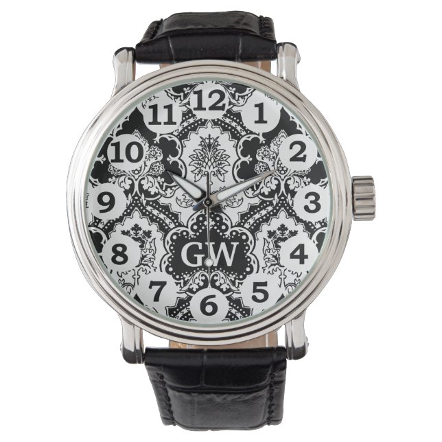 Montre Masculine classique Noir Blanc Damas Monogramme (devant)